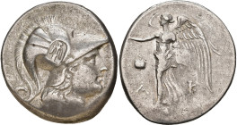 PAMPHYLIE, SIDE, AR tétradrachme, 190-150 av. J.-C. D/ T. d'Athéna à d., coiffée du casque corinthien. Sur le casque, contremarque: ancre. R/ Niké ava...