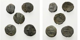 ROYAUME DE SOPHÈNE, lot de 5 bronzes: Mithradates Ier, chalque, R/ Bashlyk (rare); Arkathias II, 4 chalques, R/ Niké (contremarque, rare); Mithradates...