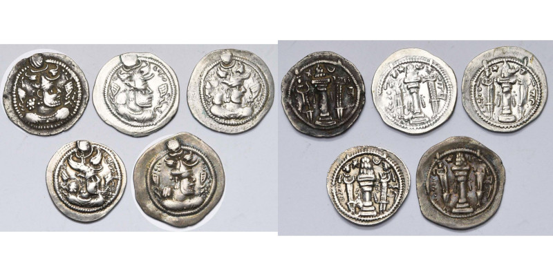 ROYAUME SASSANIDE, Peroz (457-483), lot de 5 drahms: AM, AT, AW, KL, NY. Very Fi...