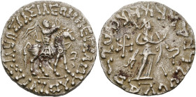 ROYAUME INDO-SCYTHE, Azès, AR tétradrachme. D/ Le roi à cheval à d., ten. un fouet. Devant, . R/ Athéna deb. à d., ten. une lance transversale. Derri...