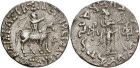 ROYAUME INDO-SCYTHE, Azès (-57-5), AR tétradrachme. D/ Le roi chevauchant à d., ten. un fouet. Devant, . R/ Athéna deb. à d., ten. une lance transver...