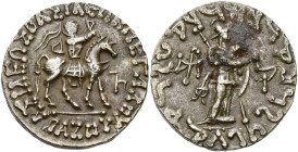 ROYAUME INDO-SCYTHE, Azès (-57-5), AR tétradrachme. D/ Le roi chevauchant à d., ten. un fouet. Devant, . R/ Athéna deb. à d., ten. une lance transver...