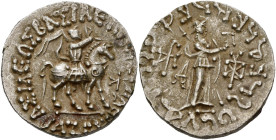 ROYAUME INDO-SCYTHE, Azès (-57-5), AR tétradrachme. D/ Le roi chevauchant à d., ten. un fouet. Devant, . R/ Athéna deb. à d., ten. une lance transver...