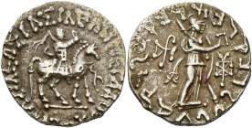 ROYAUME INDO-SCYTHE, Azès, AR tétradrachme. D/ Le roi à cheval à d., ten. un fouet. Devant, . R/ Athéna deb. à d., ten. une lance transversale. Derri...