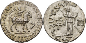 ROYAUME INDO-SCYTHE, Azès, AR tétradrachme. D/ Le roi à cheval à d., ten. un fouet. Devant, . R/ Athéna deb. à d., ten. une lance transversale. Derri...