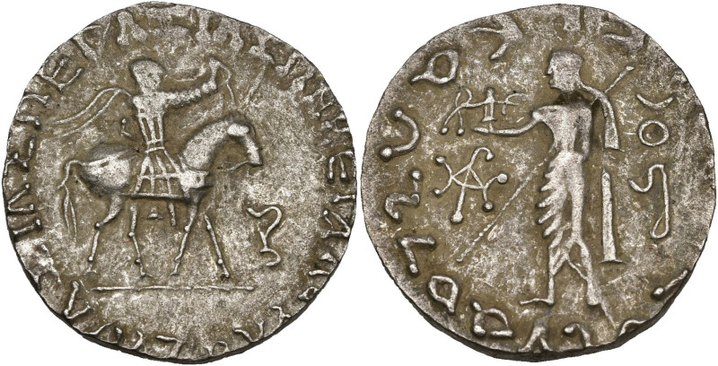 ROYAUME INDO-SCYTHE, Azès (-57-5), AR tétradrachme. D/ Le roi à cheval à d., ten...