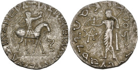 ROYAUME INDO-SCYTHE, Azès (-57-5), AR tétradrachme. D/ Le roi à cheval à d., ten. un fouet. Devant, . R/ Zeus deb. à g., ten. une petite Niké et un l...