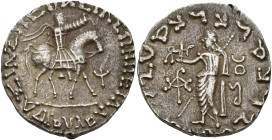 ROYAUME INDO-SCYTHE, Azès (-57-5), AR tétradrachme. D/ Le roi à cheval à d., ten. un fouet. Devant, . R/ Zeus deb. à g., ten. une petite Niké et un l...