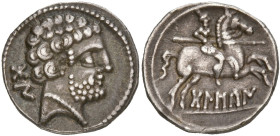 ESPAGNE, BOLSCAN, (Huesca), AR denier, 80-70 av. J.-C. D/ T. barbue à d. Derrière, BoN. R/ Cavalier ten. une lance pointée vers l'avant, galopant à d....