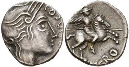GAULE NARBONNAISE, Allobroges, AR quinaire. D/ T. fém. casquée à d. Devant, DURNACOS. R/ Cavalier armé d'une lance, galopant à d. En dessous, AVSCRO. ...