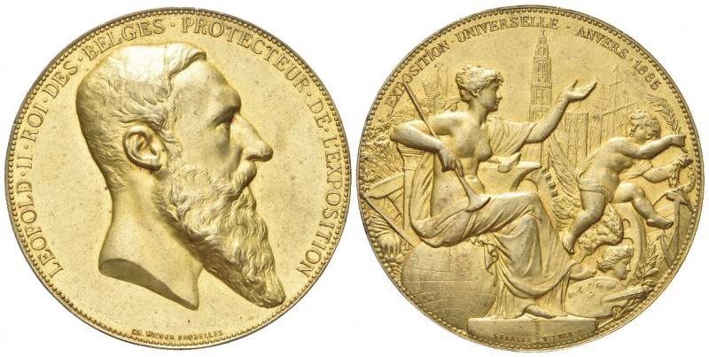 BELGIO. Leopoldo II, 1865-1909. Medaglia 1885 opus C. Wiener. Æ dorato., gr. 109...