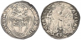 ANCONA. Giulio II (Giuliano della Rovere), 1503-1513. Giulio. Ag, gr. 3,80. Dr. IVLIVS II - PONT MAX. Stemma a targa semiovale con cimasa sagomata, in...