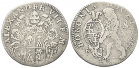 BOLOGNA. Alessandro VII (Fabio Chigi), 1655-1667. Lira 1660. Ag, gr. 6,05. Dr. ALEXANDER VII P M. Stemma papale a targa oblunga sormontato da triregno...