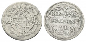 BOLOGNA. Clemente XII (Lorenzo Corsini), 1730-1740. Carlino da 5 Bolognini 1739. Ag, gr. 1,44. Dr. Stemma di Bologna ovale in cornice sormontato da ma...