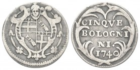 BOLOGNA. Benedetto XIV (Prospero Lorenzo Lambertini), 1740-1758. Carlino da 5 Bolognini 1740. Ag, gr. 1,35. Dr. Stemma di Bologna inquartato ovale in ...