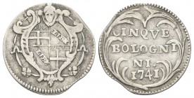 BOLOGNA. Benedetto XIV (Prospero Lorenzo Lambertini), 1740-1758. Carlino da 5 Bolognini 1741. Ag, gr. 1,31. Dr. Stemma di Bologna inquartato ovale in ...