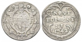 BOLOGNA. Benedetto XIV (Prospero Lorenzo Lambertini), 1740-1758. Carlino da 5 Bolognini 1742. Ag, gr. 1,37. Dr. Stemma di Bologna inquartato ovale in ...