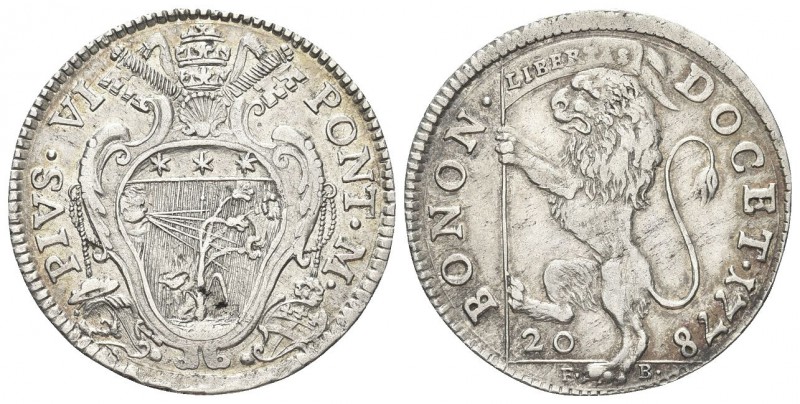 BOLOGNA. Pio VI (Giannangelo Braschi), 1775-1799. Lira 1778 da 20 Bolognini. Ag,...