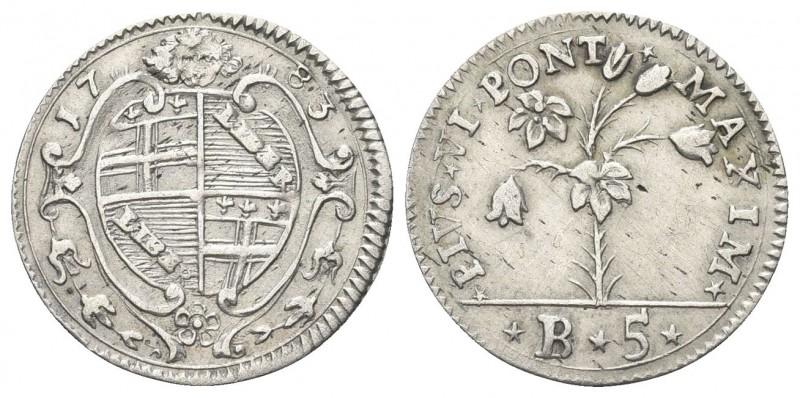 BOLOGNA. Pio VI (Giannangelo Braschi), 1775-1799. Carlino da 5 Baiocchi 1783 Ag,...