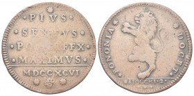 BOLOGNA. Pio VI (Giannangelo Braschi), 1775-1799. Due Baiocchi 1796. Æ, gr. 18,53. Dr. PIUS/ SEXTVS / PONTIFEX / MAXIMVS. Iscrizione su 4 righe; in es...