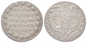 BOLOGNA. Pio VI (Giannangelo Braschi), 1775-1799. Baiocco 1781 a. VII. Æ, gr. 5,23. Dr. PIVS / VI PONT / MAXIM / ANNO VII / 1781. Iscrizione in ghirla...