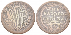 FERRARA. Benedetto XIV (Prospero Lorenzo Lambertini), 1740-1758. Mezzo Baiocco 1751?. Æ, gr. 4,83. Dr. BENEDI - XIV P M. Stemma sagomato, con punta a ...