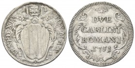 ROMA. Benedetto XIV (Prospero Lorenzo Lambertini), 1740-1758. Due Carlini 1751 a. X. Mi, gr. 5,03 . Dr. BENED XIV - PON M A X. Stemma sormontato da tr...