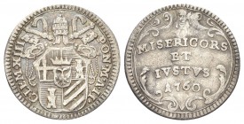 ROMA. Clemente XIII (Carlo della Torre di Rezzonico), 1758-1769. Grosso 1760 a. II. Ag, gr. 1,23 . Dr. CLEM XIII - PON M A II. Stemma sormontato da ch...