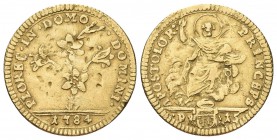 ROMA. Pio VI (Giannangelo Braschi), 1775-1799. Mezza Doppia romana 1784. Au, gr. 2,67 . Dr. FLORET IN DOMO - DOMINI. Pianta di giglio; in esergo, 1784...