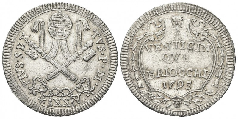 ROMA. Pio VI (Giannangelo Braschi), 1775-1799. Da 25 Baiocchi 1795 a. XX. Mi, gr...