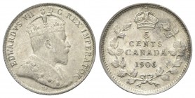 CANADA. Edoardo VII, 1901-1910. 5 Cents 1906. Ag, gr. 1,18. Dr. Busto coronato a d. Rv. Valore e data tra due rami di foglie di acero. KM#13. SPL