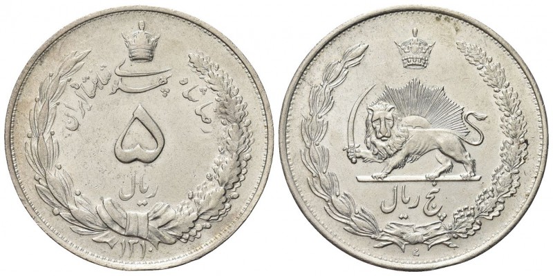 IRAN. Rezah Shah, 1925-1941 (AH 1304-1320). 5 Rials SH 1310=1931. Ag, gr. 25,08....