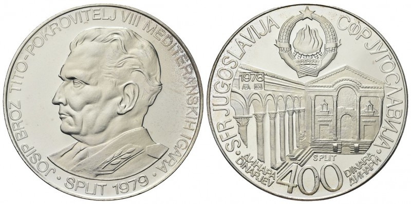 JUGOSLAVIA. Tito 1892-1980. 400 Dinara 1979. Ag, gr. 25,12. Dr. Busto di Tito a ...