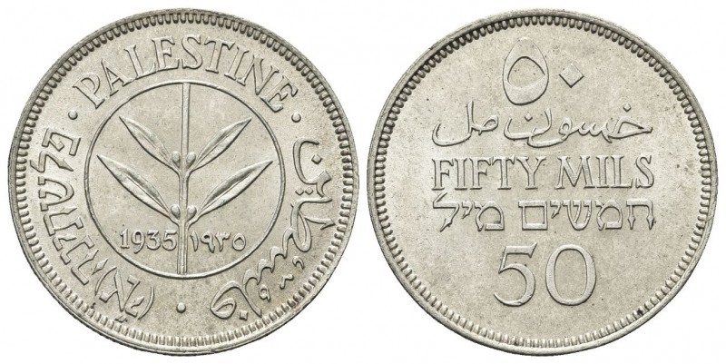 PALESTINA. Mandato Britannico. 50 Mils 1935. Ag, gr. 5,80. Dr. Ramo di ulivo. Rv...