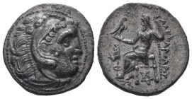 Kings of Thrace (Macedonian). Lysimachos, AR Drachm, 3.89 g 18.99 mm. 305-281 BC. Kolophon.
Obv: Head of Herakles right, wearing lion skin.
Rev: AΛEXA...