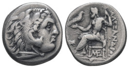 Kings of Macedon. Alexander III 'the Great'. AR Drachm, 4.11 g 17.31 mm. 336-323 BC. Lampsakos.
Obv: Head of Herakles right, wearing lion skin.
Rev: A...