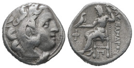 Kings of Macedon. Alexander III 'the Great'. AR Drachm, 4.21 g 17.77 mm. 336-323 BC. Kolophon.
Obv: Head of Herakles right, wearing lion skin.
Rev: AΛ...