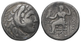 Kings of Macedon. Alexander III 'the Great'. AR Drachm. 3.47 g 17.57 mm. 336-323 BC.
Obv: Head of Herakles right, wearing lion skin.
Rev: AΛEΞANΔPOY. ...