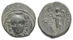 Seleukid Kingdom, Antiochos I Soter. Ae, 2.34 g 14.38 mm. 281-261 BC. Smyrna or Sardes mint.
Obv.: Facing bust of Athena, wearing triple-crested helme...