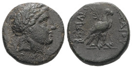 Seleukid Kingdom. Achaios (USURPER, 220-214 BC). Ae, 5.45 g 18.36 mm. Sardes.
Obv.: Laureate head of Apollo right.
Rev.: BAΣIΛEΩΣ / AXAIOY. Eagle stan...