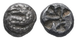 Asia Minor, Uncertain (Kindya?). AR Hemiobol. 0.40 g. - 6.41 mm. 5th century BC.
Obv: Ketos with gaping jaws and large ear undulating to left.
Rev: ...