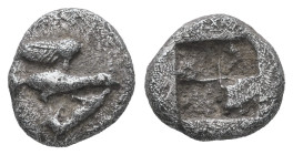 Asia Minor, uncertain. AR Obol. 1.17 g. - 10.38 mm. 5th century BC.
Obv.: Sea-eagle, wings spread, standing right on hare, tearing at its head.
Rev....