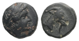 Aeolis, Aigai. Ae, 0.97 g 8.68 mm. Circa 4th-3rd centuries BC.
Obv: Laureate head of Apollo right.
Rev: Head of goat right.
Ref: SNG von Aulock 1593; ...