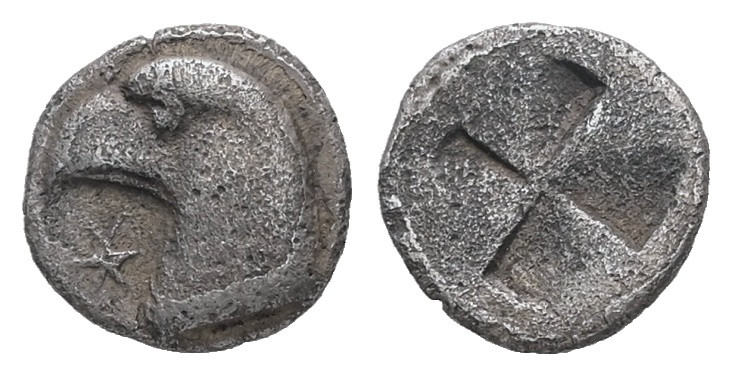 Aeolis, Kyme. AR Hemiobol. 0.35 g. - 7.70 mm. Circa 450-400 BC.
Obv.: Eagle's he...
