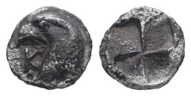 Aeolis, Kyme. AR Hemiobol. 0.43 g 7.79 mm. Circa 480-450 BC.
Obv: K Y. Head of eagle left.
Rev: Quadripartite incuse square.
Ref: SNG Copenhagen 31; K...
