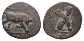 Caria, Kaunos. Ae, 1.30 g 13.77 mm. Circa 350-300 BC.
Obv: K-A, Sphinx seated right.
Rev: Bull butting right
Ref: Konuk pl. 50, B; SNG Copenhagen 182....