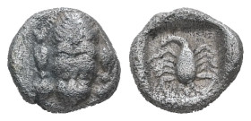 Caria, Mylasa. AR Hemiobol, 0.50 g 7.98 mm. Circa 450-400 BC.
Obv: Forepart of lion facing.
Rev: Scorpion within incuse square.
Ref: SNG Keckman 917; ...