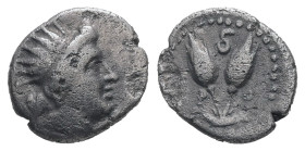 Caria, Rhodes. AR Diobol, 0.80 g 10.41 mm. Circa 205-190 BC.
Obv: Radiate head of Helios right.
Rev: P - O. Two rose buds. Serpent above.
Ref: HGC 6, ...