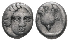 Caria, Rhodes. AR Hemidrachm, 1.80 g 11.31 mm. Circa 408/7-394 BC.
Obv.: Head of Helios facing slightly right.
Rev.: P - O. Rose.
Ref.: Ashton 19; SNG...