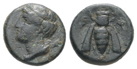Ionia, Ephesos. AE. 1.35 g. - 11.47 mm. Circa 375-325 BC.
Obv.: Female head (Artemis?) left, wearing mural-crown.
Rev.: E - Φ. Bee with straight wings...